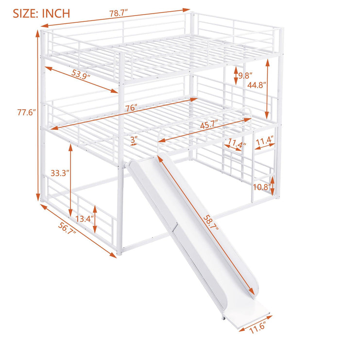 Full Size Convertible Metal Bunk Bed with Ladders and Slide - White