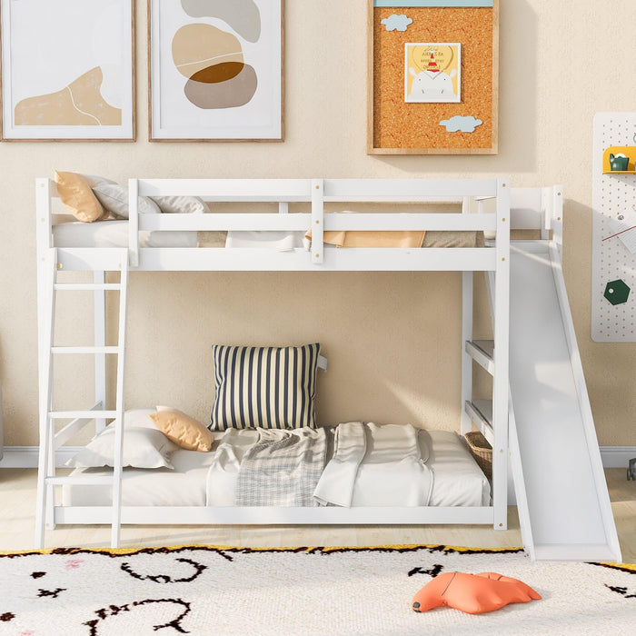 Full over Full Low Bunk Bed with Ladder, Slide and Shelves - White