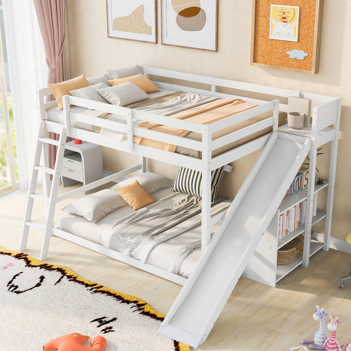 Full over Full Low Bunk Bed with Ladder, Slide and Shelves - White