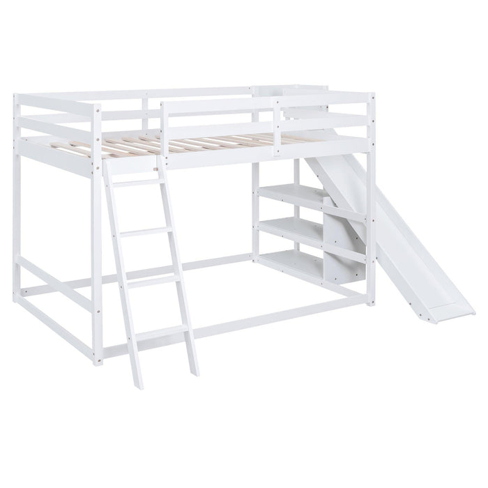 Full over Full Low Bunk Bed with Ladder, Slide and Shelves - White