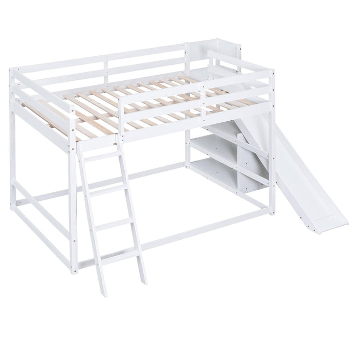 Full over Full Low Bunk Bed with Ladder, Slide and Shelves - White