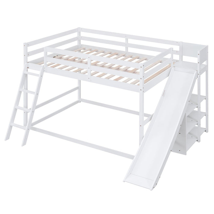 Full over Full Low Bunk Bed with Ladder, Slide and Shelves - White