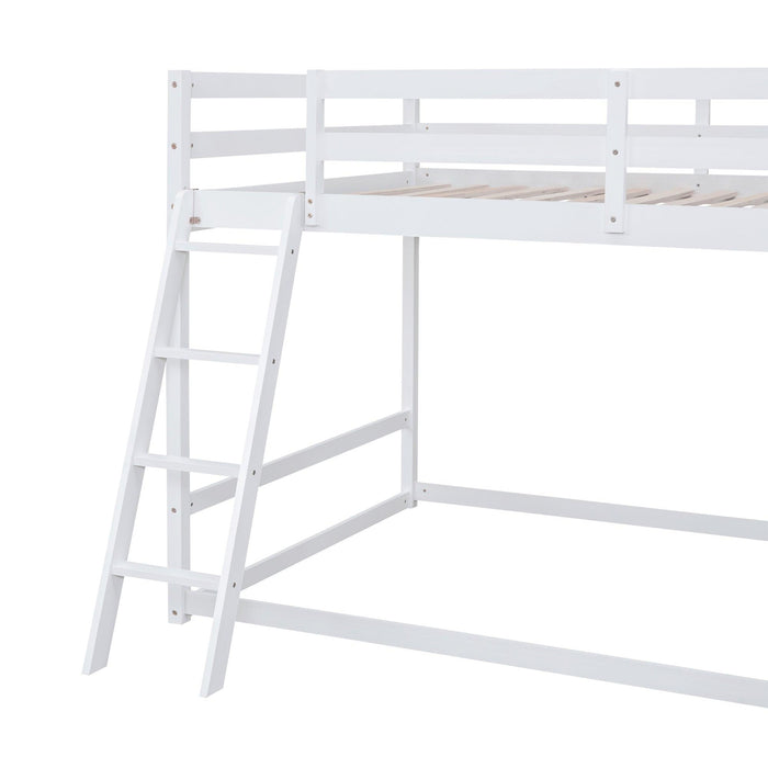 Full over Full Low Bunk Bed with Ladder, Slide and Shelves - White