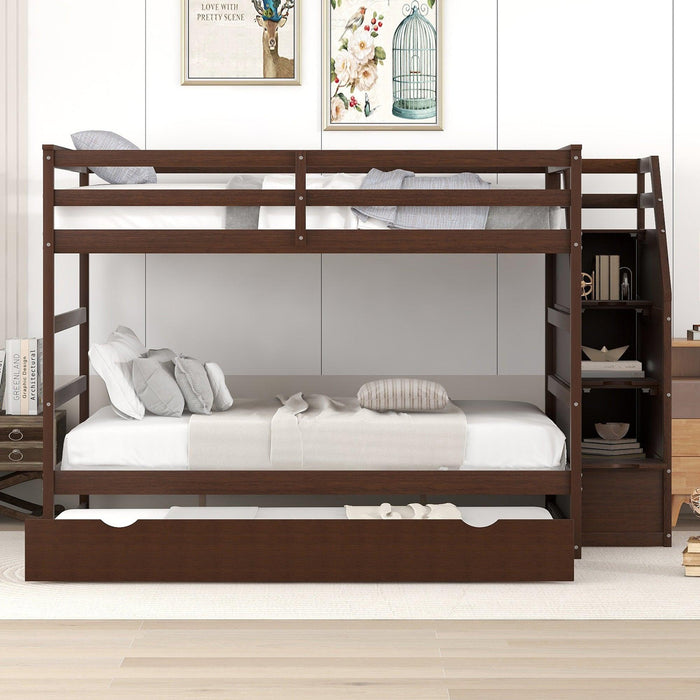 Full over Full Bunk Bed withStorage Staircase and Twin Size Trundle Bed - Espresso