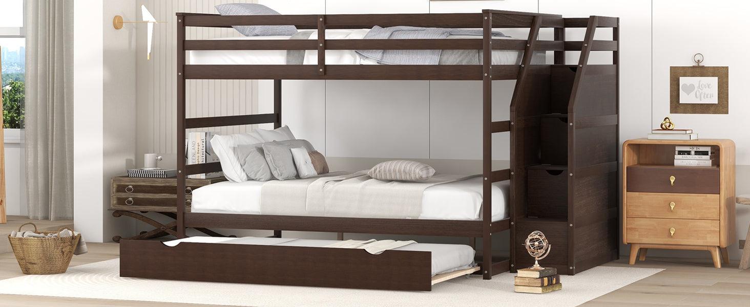 Full over Full Bunk Bed withStorage Staircase and Twin Size Trundle Bed - Espresso