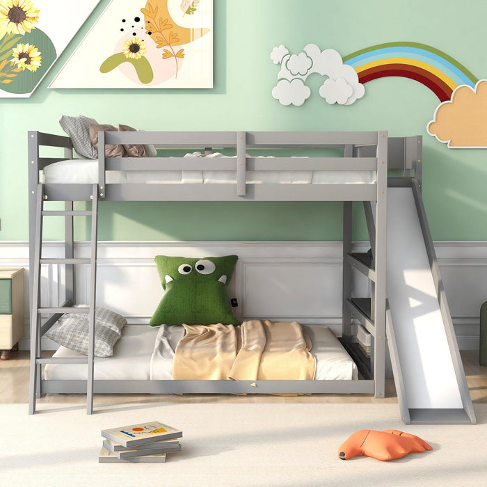 Full over Full Low Bunk Bed with Ladder, Slide and Shelves - Gray