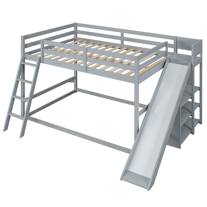 Full over Full Low Bunk Bed with Ladder, Slide and Shelves - Gray