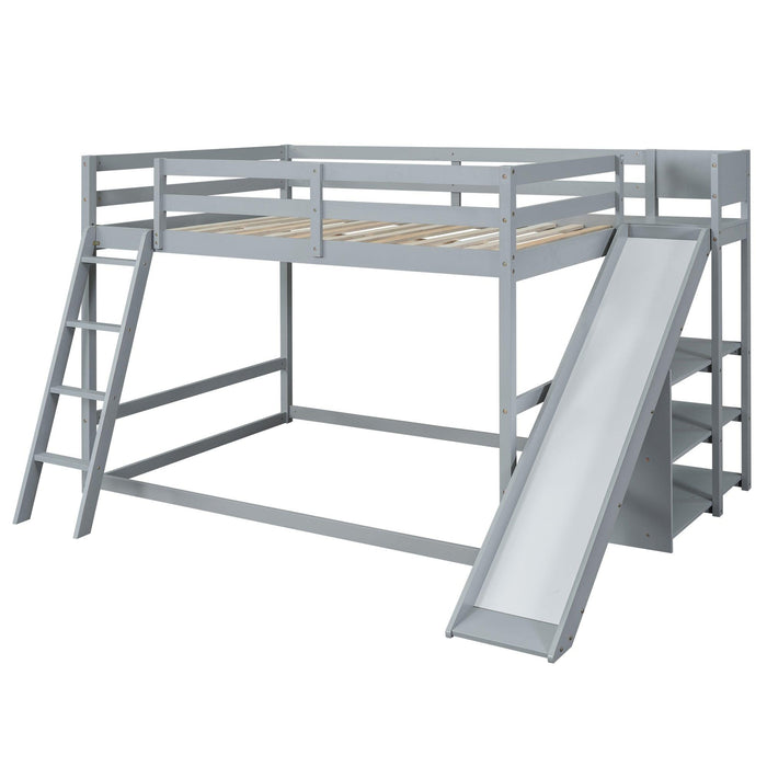 Full over Full Low Bunk Bed with Ladder, Slide and Shelves - Gray