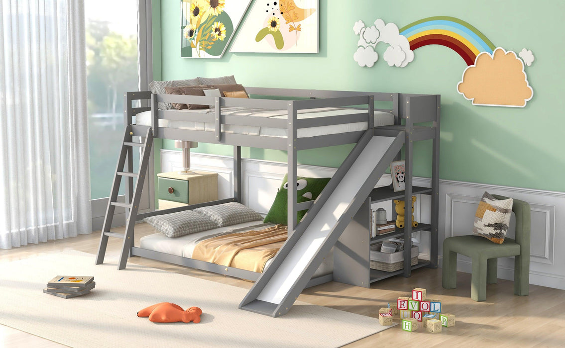 Full over Full Low Bunk Bed with Ladder, Slide and Shelves - Gray