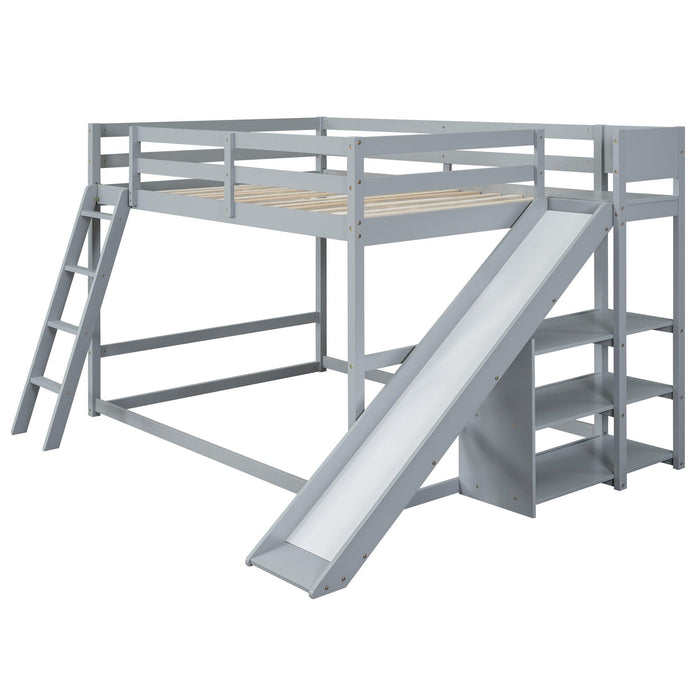 Full over Full Low Bunk Bed with Ladder, Slide and Shelves - Gray