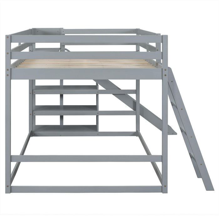 Full over Full Low Bunk Bed with Ladder, Slide and Shelves - Gray