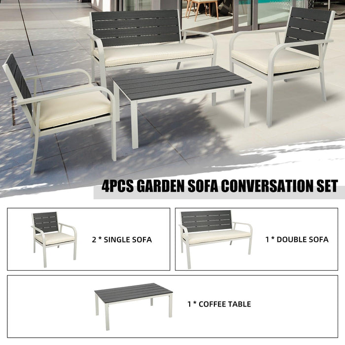 4 PCS Outdoor Patio Conversation Wood Grain Design PE Steel Frame Seating Set - White