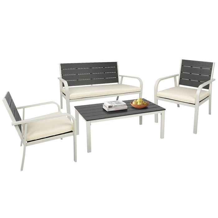 4 PCS Outdoor Patio Conversation Wood Grain Design PE Steel Frame Seating Set - White