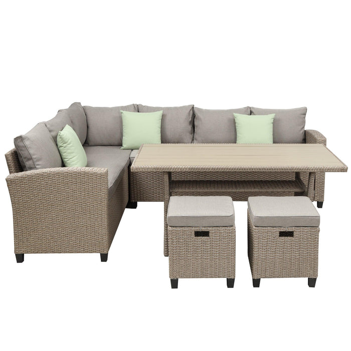 5 PCS Outdoor Rattan Furniture Set, Dining Table with Sofas, Ottoman, Beige Cushions and Throw Pillows