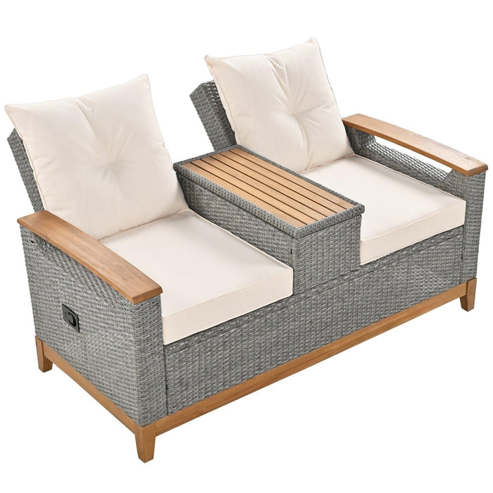 Outdoor Adjustable Rattan Loveseat withStorage Armrest with Beige Cushions