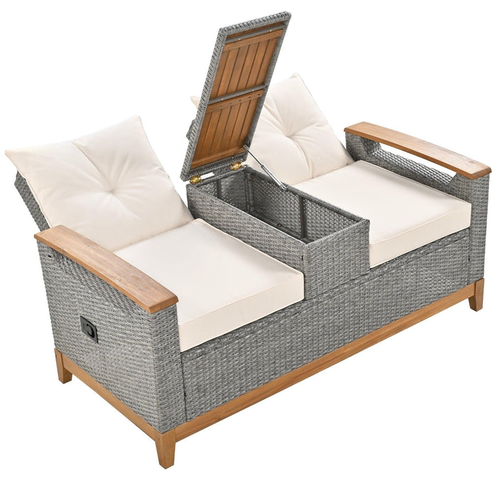 Outdoor Adjustable Rattan Loveseat withStorage Armrest with Beige Cushions