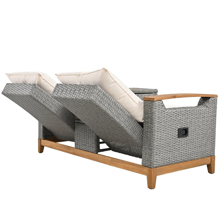 Outdoor Adjustable Rattan Loveseat withStorage Armrest with Beige Cushions