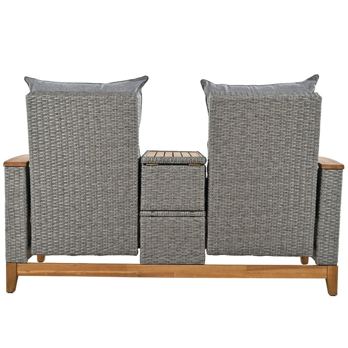 Outdoor Adjustable Rattan Loveseat withStorage Armrest with Gray Cushions