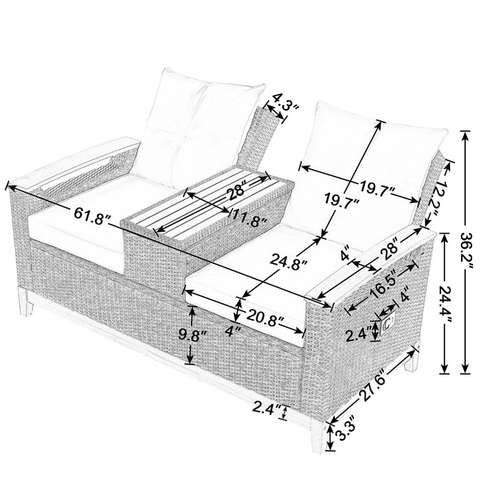 Outdoor Adjustable Rattan Loveseat withStorage Armrest with Beige Cushions