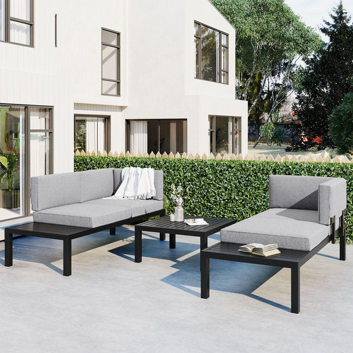 3 PCS Outdoor Aluminum Alloy Sectional Sofa Set with End Table, Coffee Table, and Gray Cushion