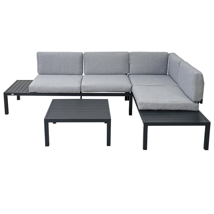 3 PCS Outdoor Aluminum Alloy Sectional Sofa Set with End Table, Coffee Table, and Gray Cushion