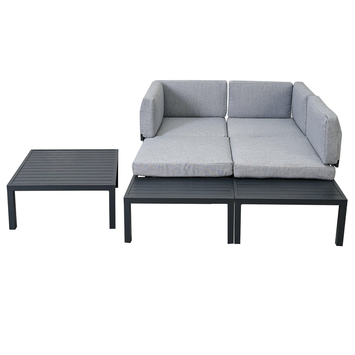 3 PCS Outdoor Aluminum Alloy Sectional Sofa Set with End Table, Coffee Table, and Gray Cushion