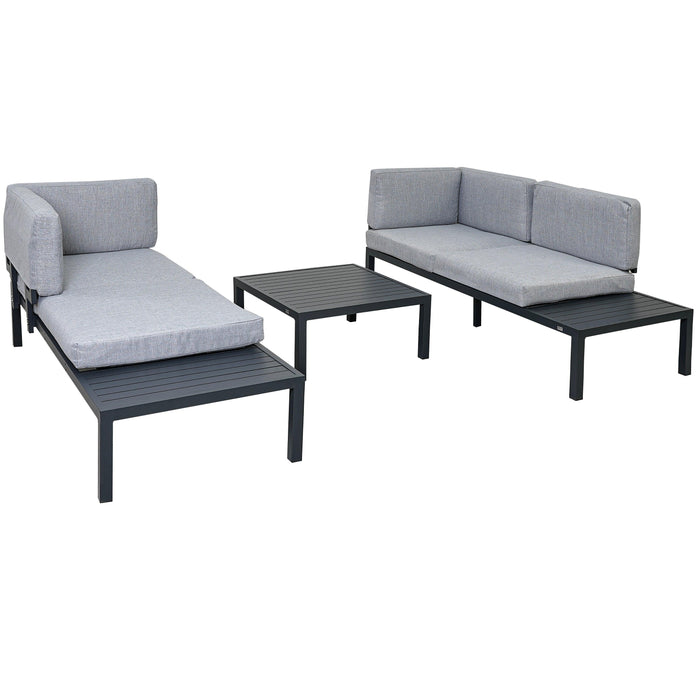 3 PCS Outdoor Aluminum Alloy Sectional Sofa Set with End Table, Coffee Table, and Gray Cushion