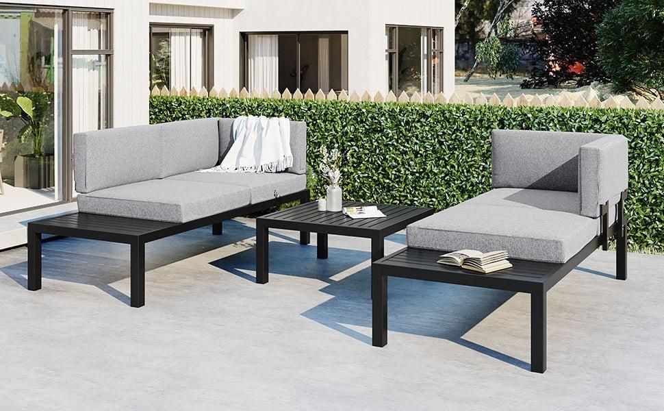 3 PCS Outdoor Aluminum Alloy Sectional Sofa Set with End Table, Coffee Table, and Gray Cushion