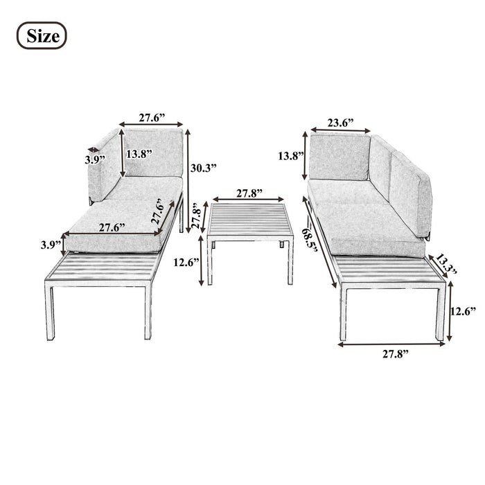 3 PCS Outdoor Aluminum Alloy Sectional Sofa Set with End Table, Coffee Table, and Gray Cushion