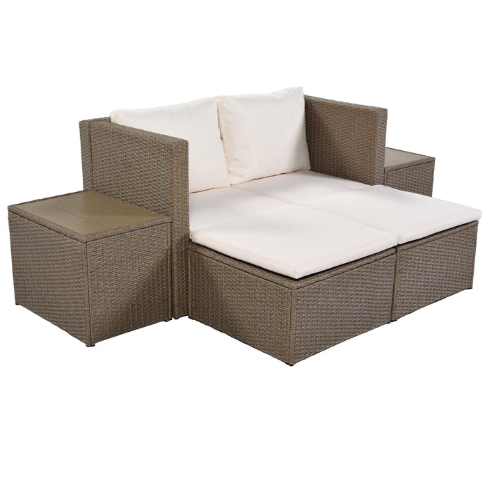 6 PCS Outdoor Garden PE Wicker Rattan Sectional Sofa Set with 2 Tea Tables and Beige Cushion