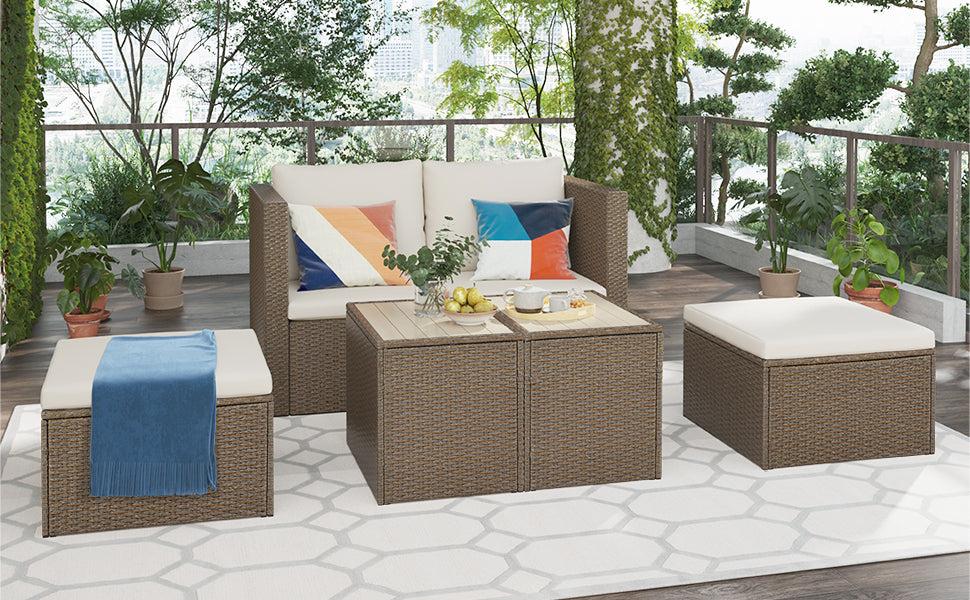 6 PCS Outdoor Garden PE Wicker Rattan Sectional Sofa Set with 2 Tea Tables and Beige Cushion