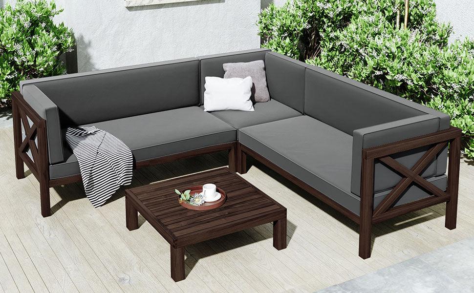 4 PCS Outdoor Patio Backyard Wood Seating Group with X-Back Sectional, Tea Table, and Gray Cushions