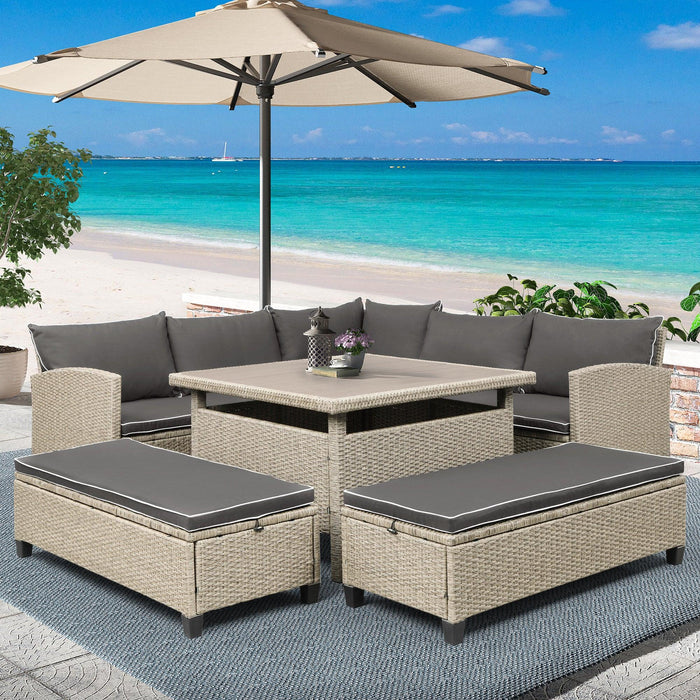 6 PCS Patio Furniture Set Outdoor Wicker Rattan Sectional Sofa with Table and Benches for Backyard, Garden, Poolside