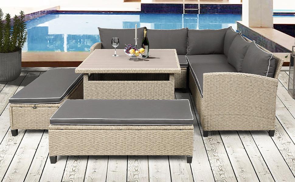 6 PCS Patio Furniture Set Outdoor Wicker Rattan Sectional Sofa with Table and Benches for Backyard, Garden, Poolside