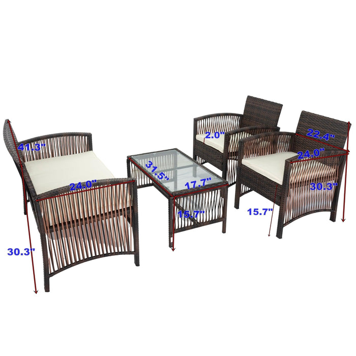 4 PCS Outdoor Patio Furniture Ratten Wicker Seating Group with Loveseat, Two Chairs, and Glass Tabletop Coffee Table