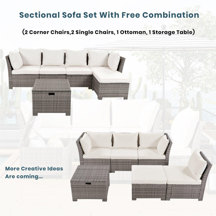 6 PCS Outdoor Wicker Rattan Arrangeable Sofa Set with Beige Cushions