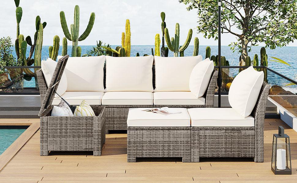 6 PCS Outdoor Wicker Rattan Arrangeable Sofa Set with Beige Cushions