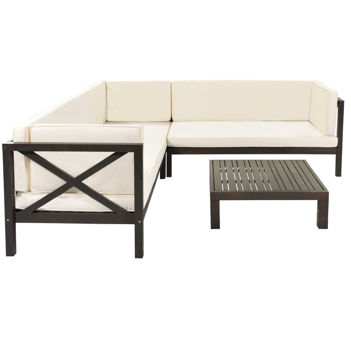 4 PCS Outdoor Patio Backyard Wood Seating Group with X-Back Sectional, Tea Table, and Beige Cushions