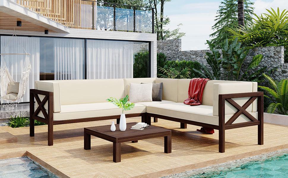 4 PCS Outdoor Patio Backyard Wood Seating Group with X-Back Sectional, Tea Table, and Beige Cushions