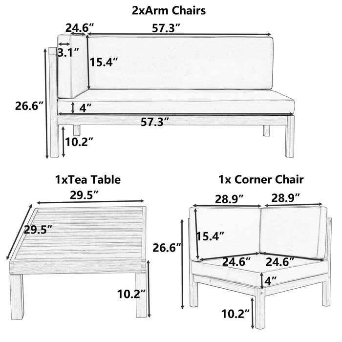 4 PCS Outdoor Patio Backyard Wood Seating Group with X-Back Sectional, Tea Table, and Beige Cushions