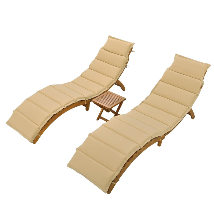 Outdoor Patio Wood Portable Extended Chaise Lounge Set with Foldable Tea Table and Brown Cushions