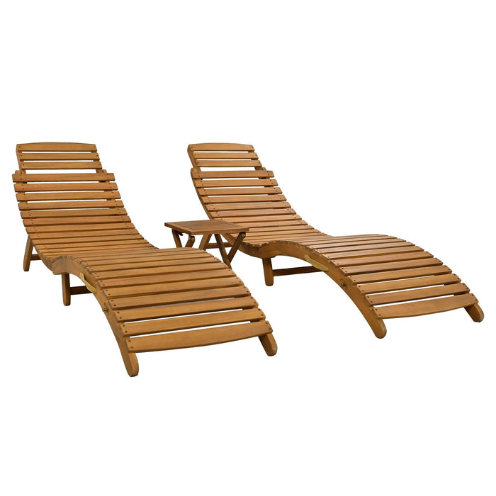 Outdoor Patio Wood Portable Extended Chaise Lounge Set with Foldable Tea Table and Brown Cushions