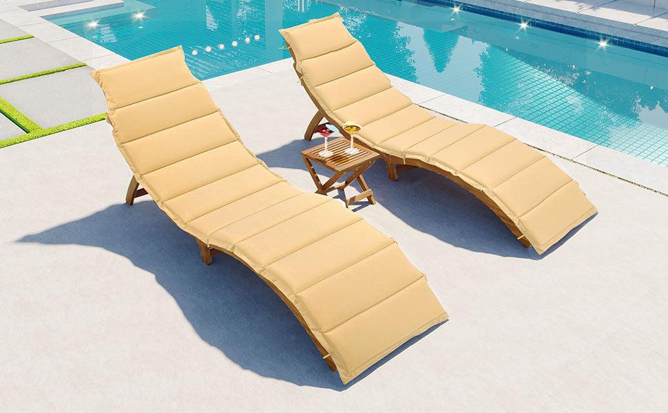 Outdoor Patio Wood Portable Extended Chaise Lounge Set with Foldable Tea Table and Brown Cushions