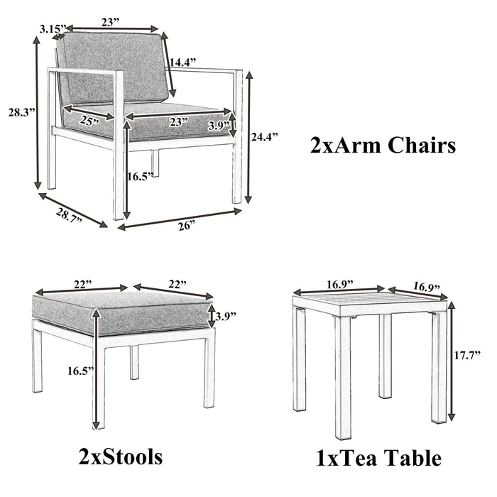 5 PCS Outdoor Patio Aluminum Alloy Conversation Set with Coffee Table and Gray Cushions