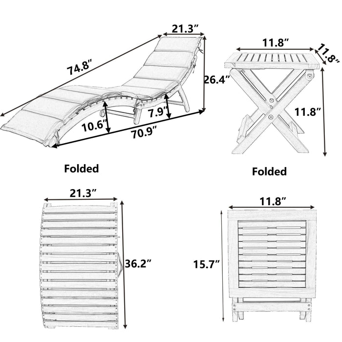 Outdoor Patio Wood Portable Extended Chaise Lounge Set with Foldable Tea Table and Brown Cushions