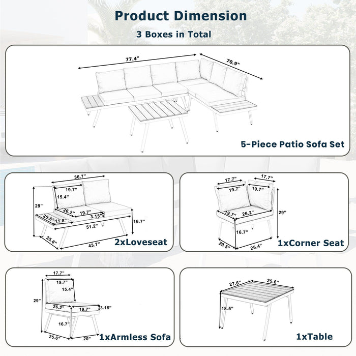 5 PCS Industrial Aluminum Outdoor Patio Furniture Setwith End Tables, Coffee Table
