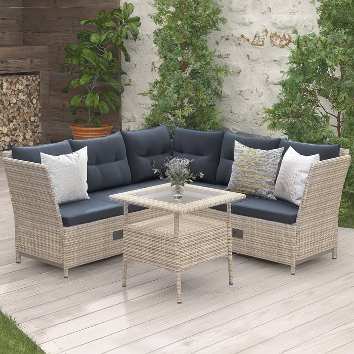 4 PCS Outdoor Patio All Weather PE Wicker Rattan Lsectional - Beige Rattan and Gray Cushions