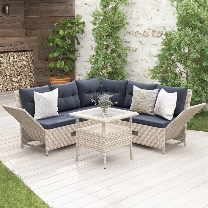 4 PCS Outdoor Patio All Weather PE Wicker Rattan Lsectional - Beige Rattan and Gray Cushions