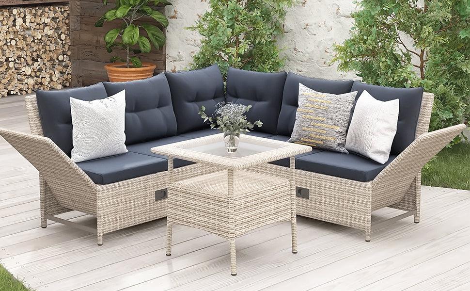 4 PCS Outdoor Patio All Weather PE Wicker Rattan Lsectional - Beige Rattan and Gray Cushions