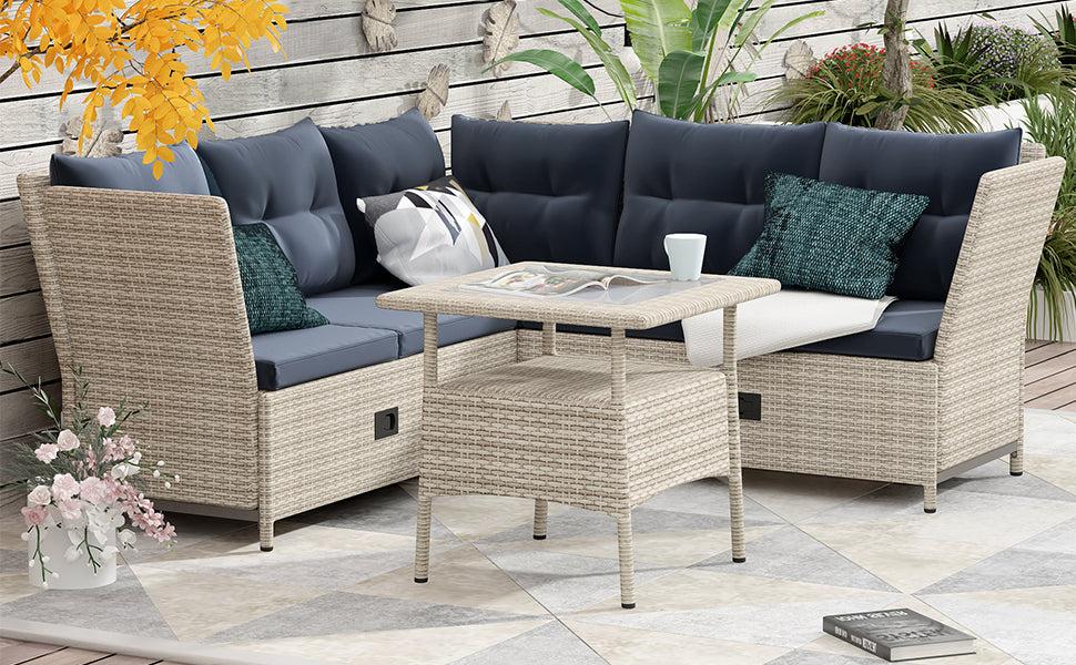 4 PCS Outdoor Patio All Weather PE Wicker Rattan Lsectional - Beige Rattan and Gray Cushions